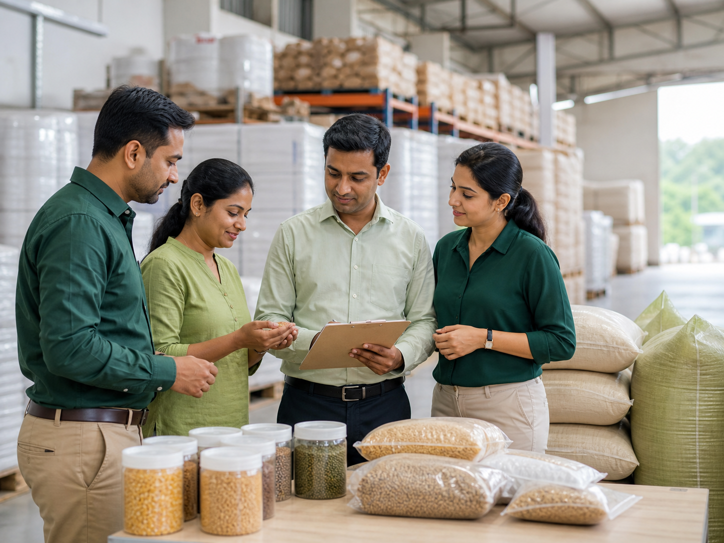 Agri-business professionals reviewing commodity quality in a warehouse