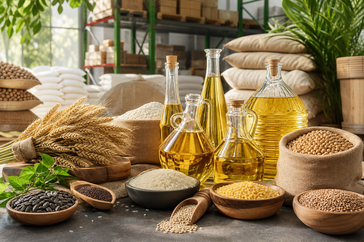 Edible oils, grains and agricultural food ingredients arranged in a supply warehouse